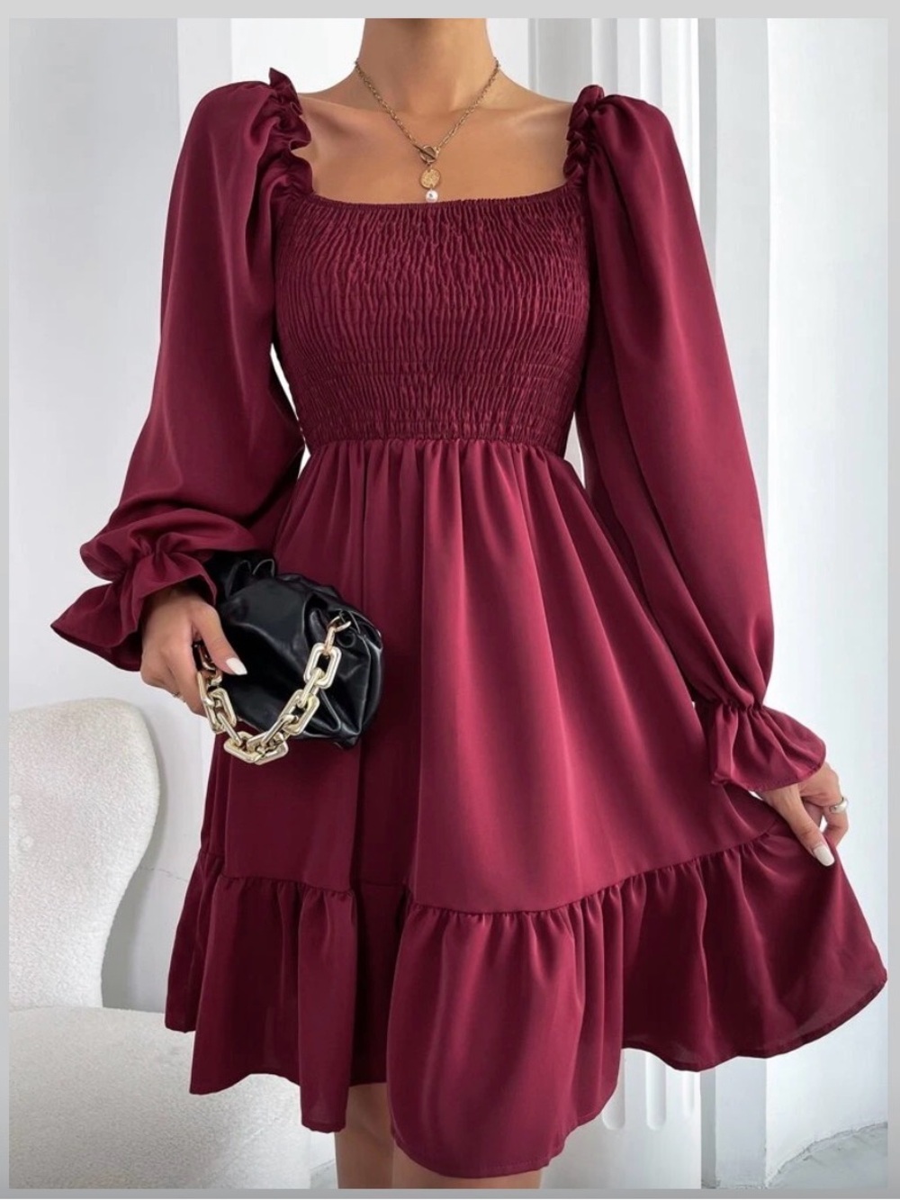 Burgundy Smocked Square Neck Long Sleeve Ruffle Dress Above-Knee